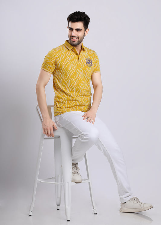 WHITE HEXAGON ALL OVER PRINT YELLOW T-SHIRT C3-4