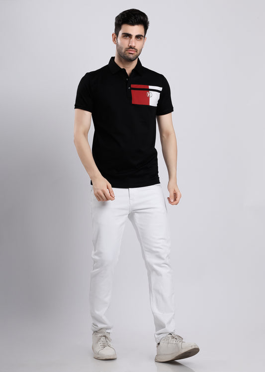 RED AND WHITE CHEST PATCH WORK BLACK T-SHIRT C1-1