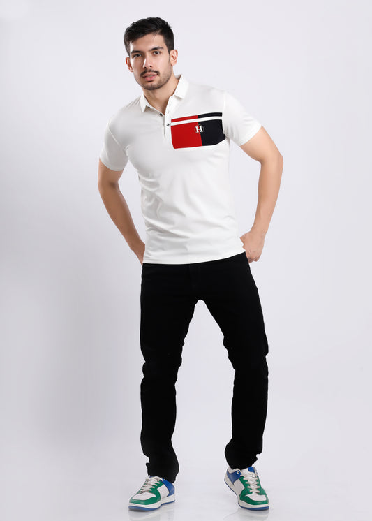 RED AND NAVY CHEST PATCH WORK WHITE T-SHIRT C1-3